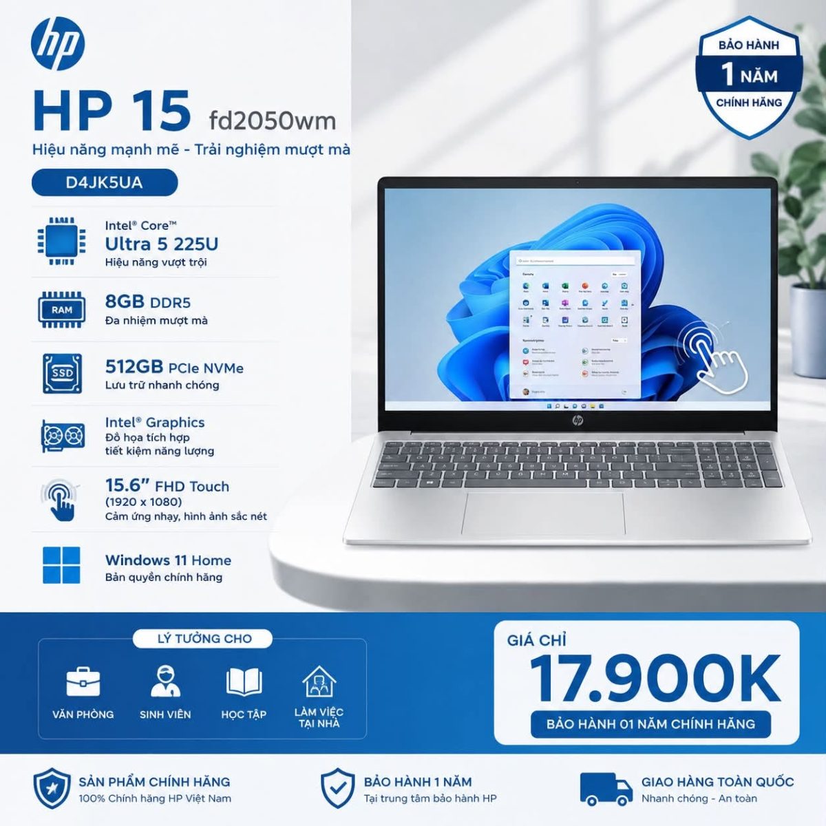 Laptop HP 15 fd2050wm Core Ultra 5 225U, RAM 8GB, SSD 512GB, Intel Graphics, 15.6″ FHD Touch, Windows 11 Home (D4JK5UA) BH 01 Năm