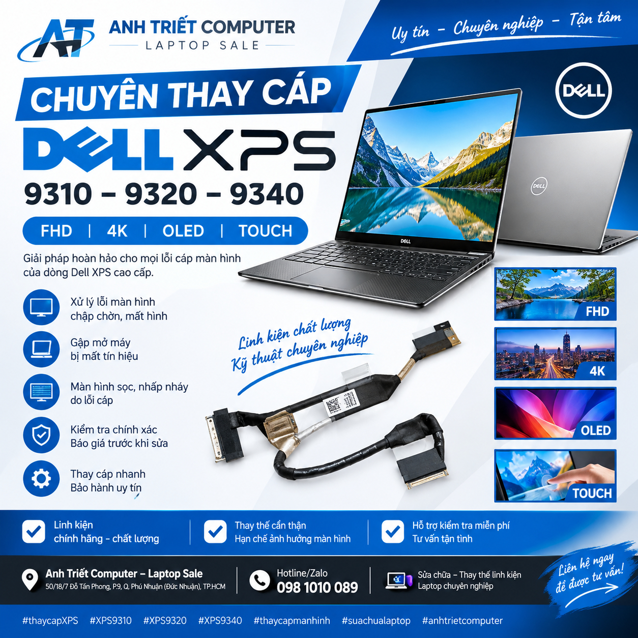CHUYÊN THAY CÁP DELL XPS 9310 – 9320 – 9340 Chuyên thay cáp màn hình Dell XPS các phiên bản FHD – 4K – OLED – Touch.