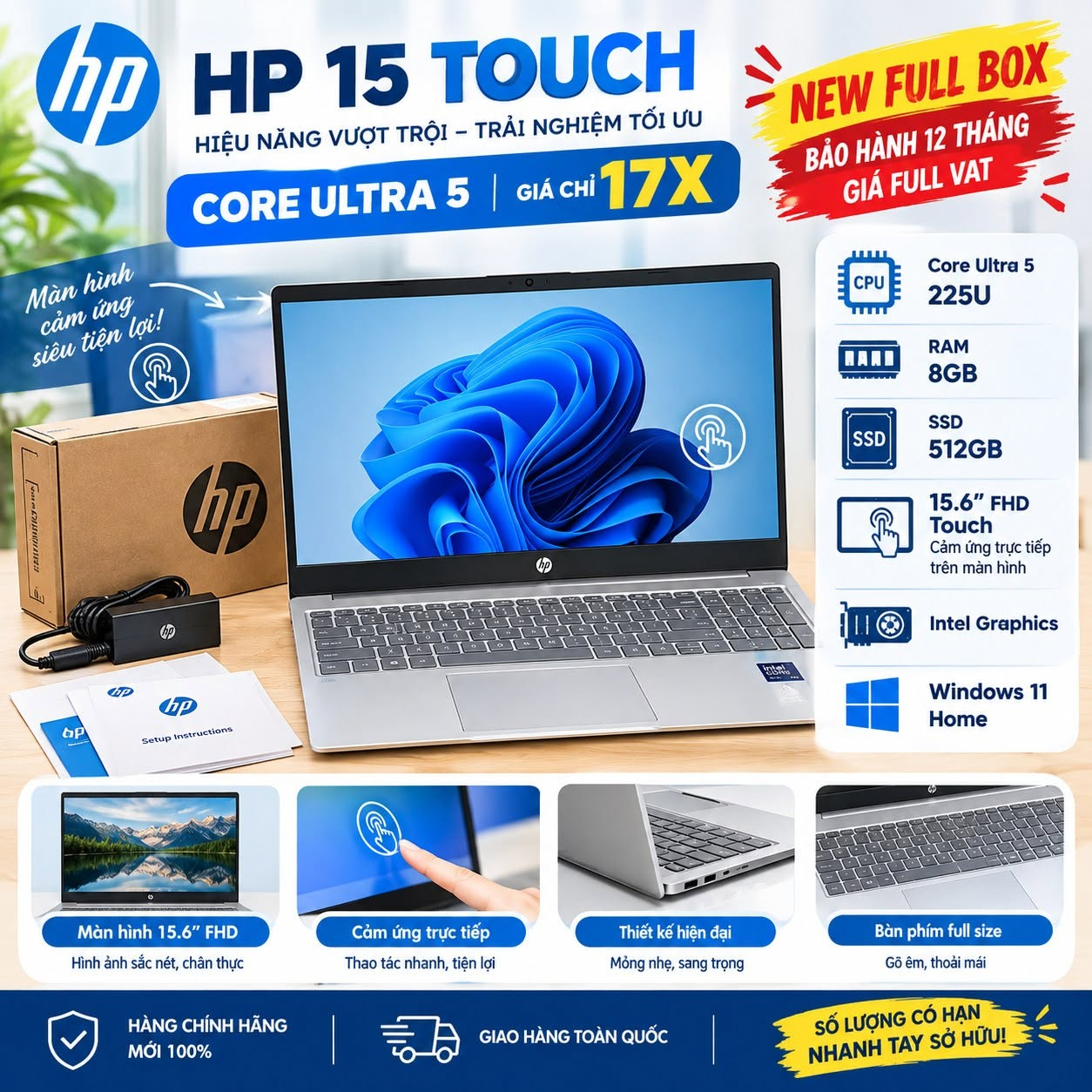 HP 15 fd2050wm – D4JK5UA Core Ultra 5 225U | RAM 8GB | SSD 512GB 15.6” FHD Touch – cảm ứng trực tiếp trên màn hình Intel Graphics Windows 11 Home