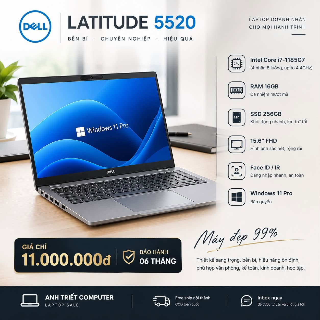 Laptop Dell Latitude 5520 Core i7-1185G7, RAM 16GB, SSD 256GB Face ID , Finger , Win 11 Pro- Like 99%